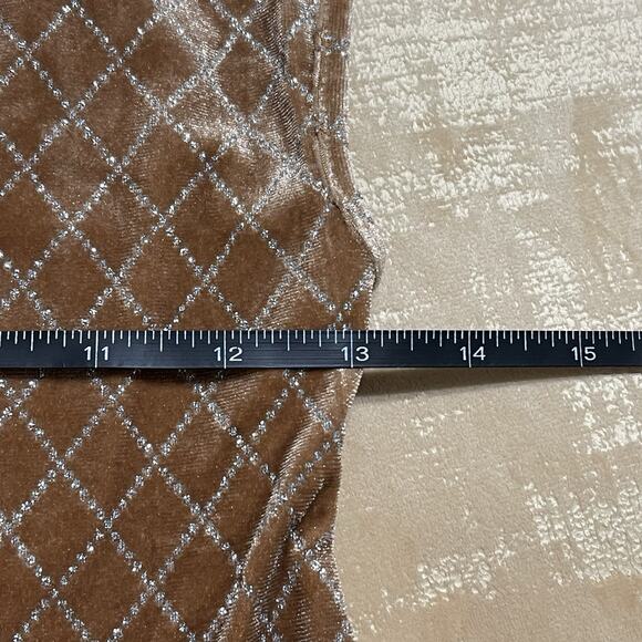 Velvet Diamond Check Print Bodysuit Top Size M Light Brown Metallic Holiday NEW - Picture 6 of 13
